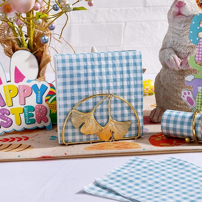 FLOWERCAT 100-Count 2-Ply Blue Checkered Cocktail Napkins Gingham - Blue and White Checkered Napkins Disposable Premium Quality - 5" x 5" Blue Paper Napkins for Easter Party,Bar,Weddings