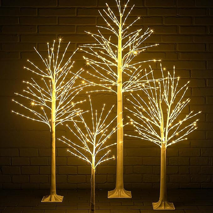 Baquler 4 Pack Lighted Birch Tree - Large Christmas Warm-White LED 8 Mode Light Birch Tree Decoration Set for Thanksgiving Holiday Fall Winter Party Decor, Indoor & Outdoor (4 5 6 8 ft)