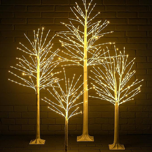 Baquler 4 Pack Lighted Birch Tree - Large Christmas Warm-White LED 8 Mode Light Birch Tree Decoration Set for Thanksgiving Holiday Fall Winter Party Decor, Indoor & Outdoor (4 5 6 8 ft)