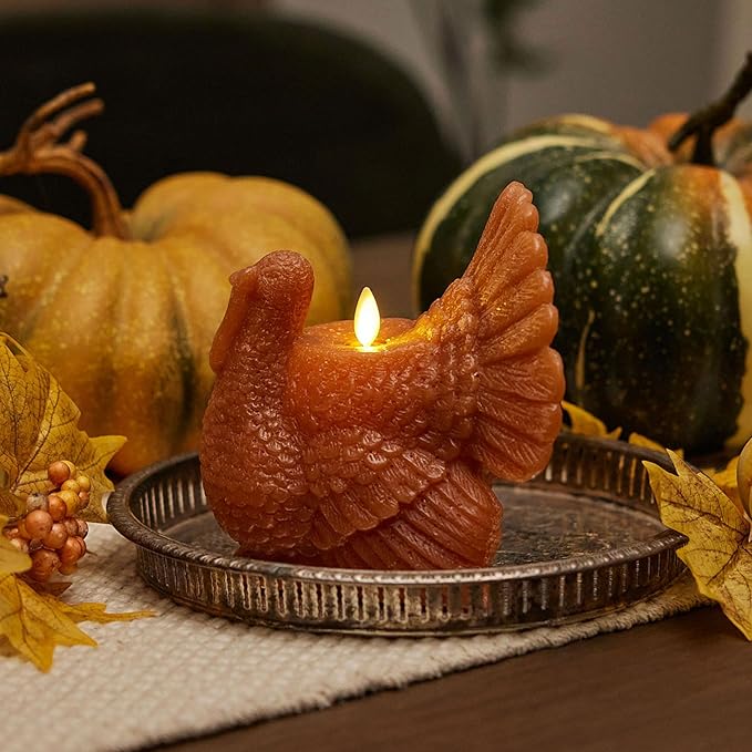 Luminara Flameless Fall Harvest Decor - Turkey Figural LED Candle Natural Color, Adobe, 5.3" x 7.5" Real Wax Moving Flame Battery Operated w/Timer