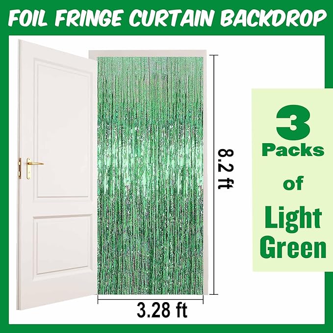 3 Pack Light Green Foil Fringe Curtains Backdrop, 3.28 x 8.2 Ft Metallic Streamers Tinsel Curtains Background for Photo Booth, Birthday, Christmas, Halloween, Thanksgiving, New Year Party Decorations