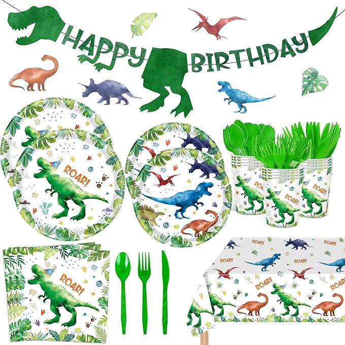 142 Pcs Watercolor Dinosaur Party Supplies Dinosaur Theme Birthday Party Decoration Includes Plates Cups Napkins Knives Forks Spoons Tableware for Boys Birthday,Serves 20 Guests
