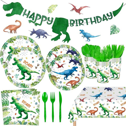 142 Pcs Watercolor Dinosaur Party Supplies Dinosaur Theme Birthday Party Decoration Includes Plates Cups Napkins Knives Forks Spoons Tableware for Boys Birthday,Serves 20 Guests