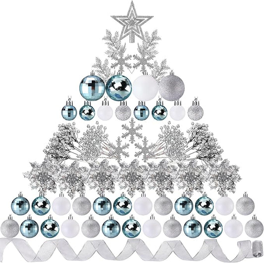 Sratte 94 Pcs Christmas Tree Decorations Set, Christmas Tree Ball Ornaments Glitter Poinsettia Flowers Decorations Glitter Berries Stems for Xmas Holiday Wedding(Blue, White, Silver)