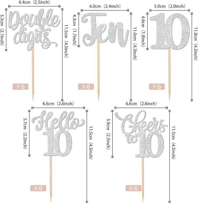 30PCS Happy 10th Birthday Cupcake Toppers Glitter Ten Double Digits Hello 10 Cupcake Picks Cheers to 10 Birthday Decorations for 10th Birthday Anniversary Party Cake Decorations Supplier Silver