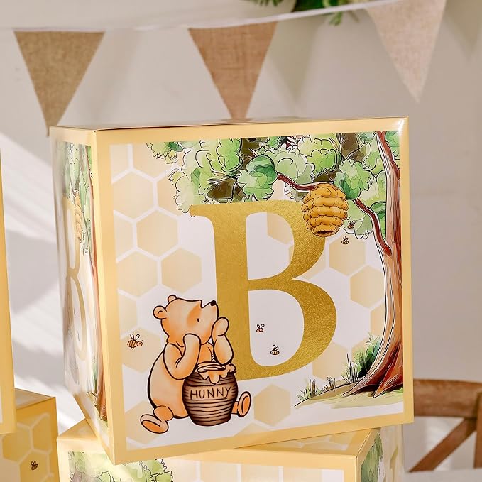 Kate Aspen A Little Honey Is On The Way Winnie Baby Boxes with Letters for Baby Shower, Classic Bear Gender Reveal Decorations, Table Centerpiece, Set of 4 Stackable Boxes