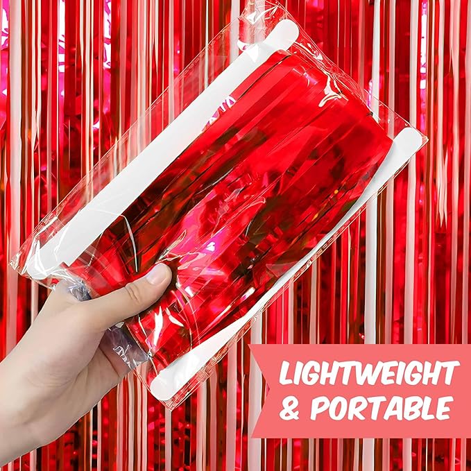 3 Pack Red Foil Fringe Curtains Backdrop, 3.28 x 6.6 Ft Metallic Streamers Tinsel Curtains Background for Photo Booth, Birthday, Halloween, Christmas, Thanksgiving, New Year Party Decorations