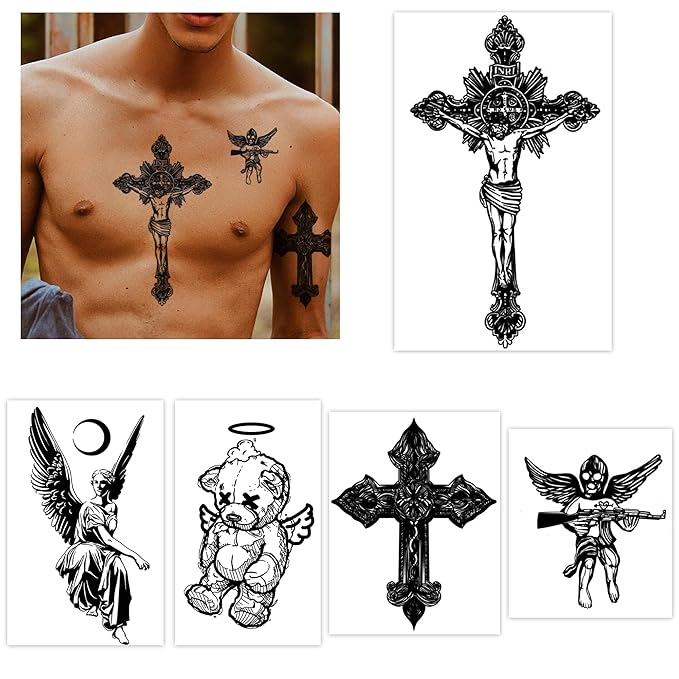 INKARTLINK 5 Sheets Temporary Tattoo, Semi-Permanent Tattoo,Lasts 1-2 Weeks,Dedicated to Thoughtful Adult Males, Faith in God,Cross tattoo