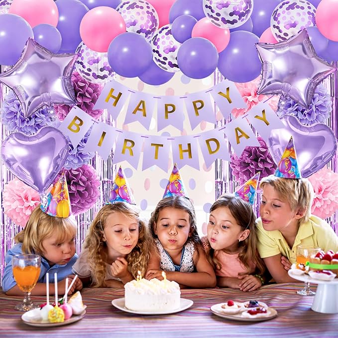 ZERODECO Pink Purple Birthday Party Decorations for Women Girls, Happy Birthday Banner Pompoms Balloon Arch Fringe Curtain Party Décor for Baby Girls Women Purple Pink Party
