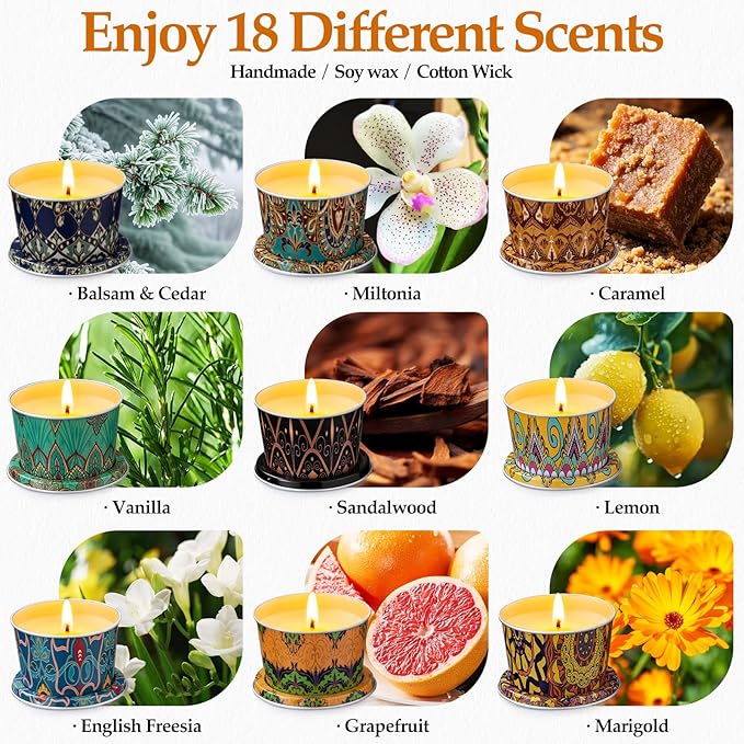 18 Pack Scented Candle Sets | Travel Aromatherapy Jar Candles | Small Soy Wax Candles with 10% Essential Oils |18 Scents Candles for Home and Travel | Gift Sets for Birthday, Christmas