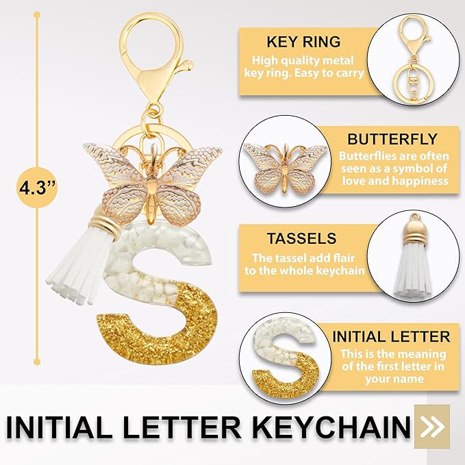 Initial Letter Keychain, Butterfly Keychain Cute Resin, Initial Keychain Backpack Charms, Key chain for Women, Girls