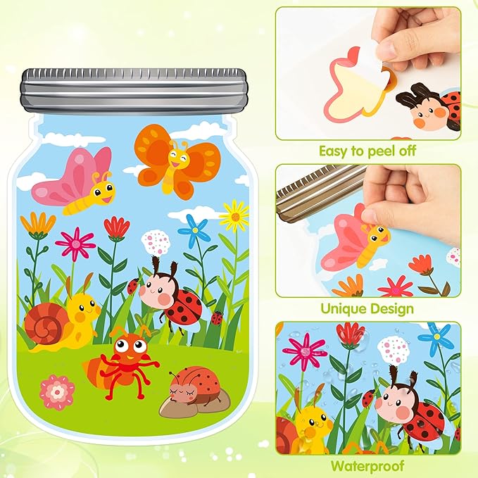 CY2SIDE 12PCS Summer Bugs Stickers Scene for Kids, Make A Bug Jar Sticker Scene with Butterfly Bee Ladybug Flower, Make Your Own Insect Stickers with Jar Scene, DIY Summer Party Games Class Activities