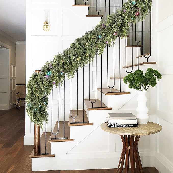 Cedar Christmas Garland with Lights for Mantle - Decorations 15ft Realistic Lighted Faux Pine Garlands for Xmas Home Decoration Indoor Stairs Railing Fireplace Outdoor 15 ft Prelit Garland Door Decor