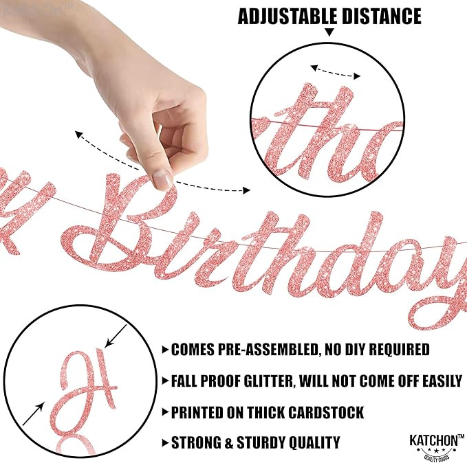 KatchOn, Glitter Rose Gold Happy Birthday Banner - Pre-Strung No DIY, 10 Feet | Happy Birthday Sign | Rose Gold Birthday Decorations | Bday Banner for Women | Happy Birthday Decorations
