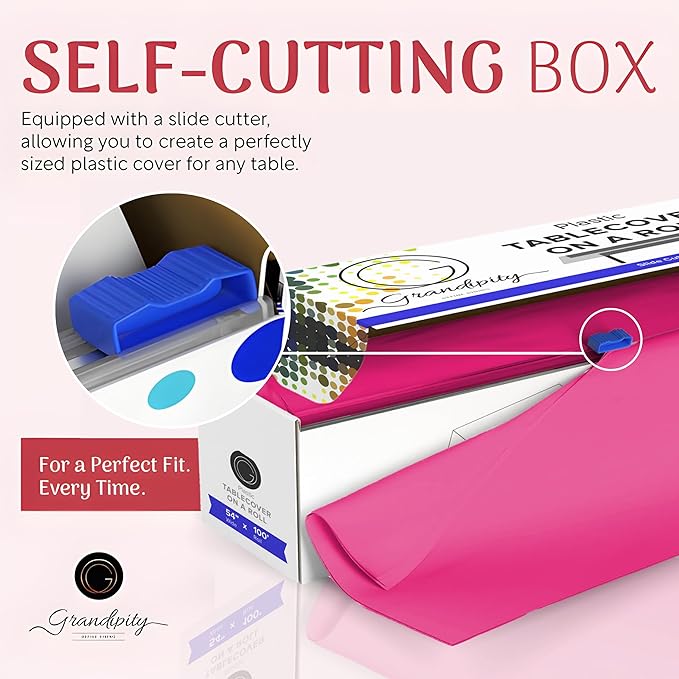 Grandipity Plastic Tablecloth Roll - 54in x 100 Ft. Hot Pink Plastic Table Cloths for Parties Disposable with Cutter Box - Cut to Size Disposable Tablecloth Table Cover for Rectangle & Round