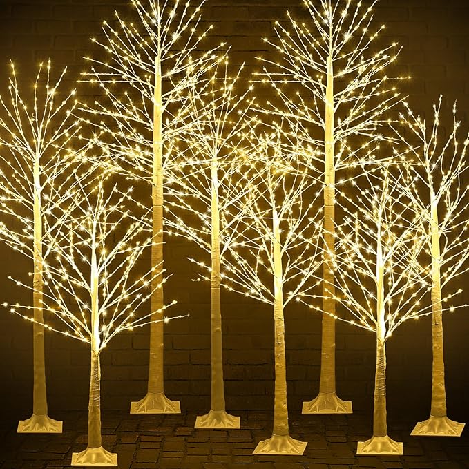 Baquler 8 Pack Lighted Birch Tree - Large Christmas Warm-White LED 8 Mode Light Birch Tree Decoration Set for Thanksgiving Holiday Fall Winter Party Decor, Indoor & Outdoor (4 5 6 8 ft)