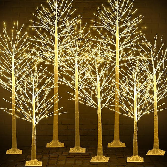Baquler 8 Pack Lighted Birch Tree - Large Christmas Warm-White LED 8 Mode Light Birch Tree Decoration Set for Thanksgiving Holiday Fall Winter Party Decor, Indoor & Outdoor (4 5 6 8 ft)