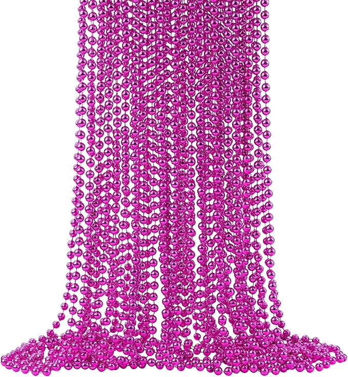 24 PCS Hot Pink Beads Necklaces, 33‘’ Pink Mardi Gras Beads, Round Cancer Beaded Necklace, Party Necklace for Mardi Gras, Christmas, Valentine's Day Party Favors