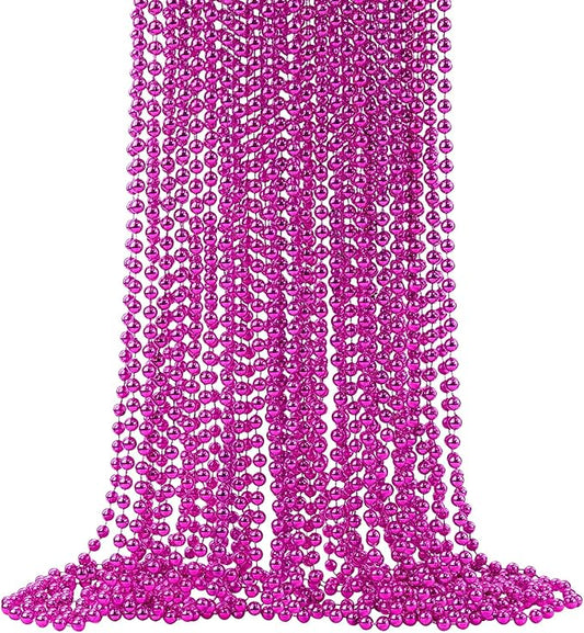 24 PCS Hot Pink Beads Necklaces, 33‘’ Pink Mardi Gras Beads, Round Cancer Beaded Necklace, Party Necklace for Mardi Gras, Christmas, Valentine's Day Party Favors