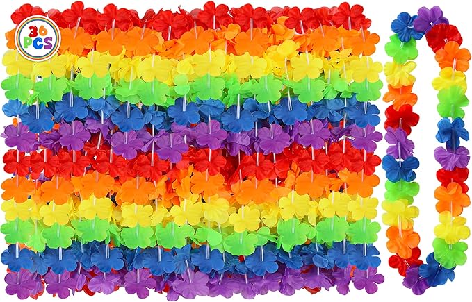 Hawaiian Leis Decorations, Luau Party Leis Bulk, Rainbow Hawaiian Pride Month Leis Accessories, Silk Flower Stuff Bulk, LGBT Gay Lesbian Lei for Parade Tropical Hawaiian Luau Party