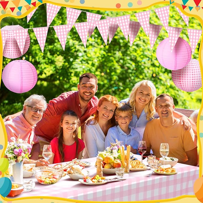 Hortsun 18 Pcs Pink and White Gingham Christmas Party Supplies Include Paper Lanterns Plastic Tablecloth Pennant Banner Paper Fans Christmas Picnic Decor for Holiday Party Home Dining Room