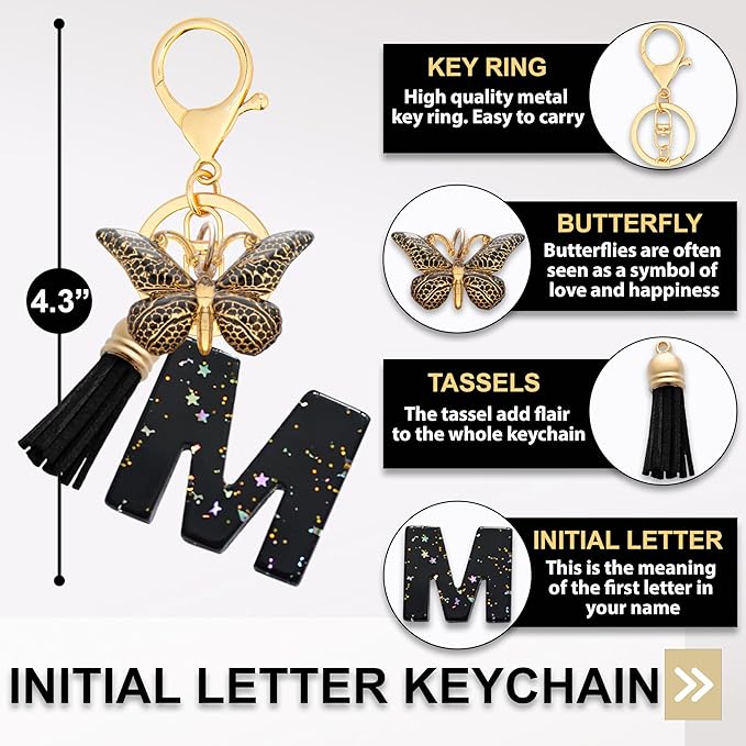 Initial Letter Keychain, Butterfly Keychain Cute Resin, Initial Keychain Backpack Charms, Key chain for Women, Girls