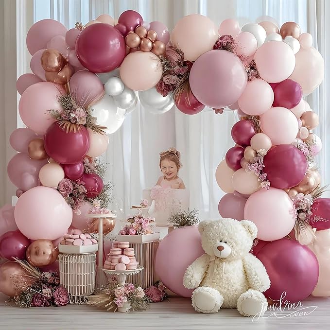Dusty Rose Balloon Arch Kit Double Stuffed Pink Balloon Garland Pastel Light Pink Mauve Pearl White Rose Gold Latex Balloons for Birthday Baby Shower Bridal Wedding Bachelorette Party Decorations