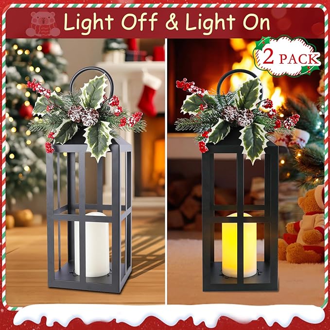 Christmas Lanterns Decorative Indoor Outdoor, 2 Pack Black Christmas Lantern, 18 Inch Timer Decorative Candle Lanterns Flameless Light with Pine Cones and Needles for Home, Party, Farmhouse Decor