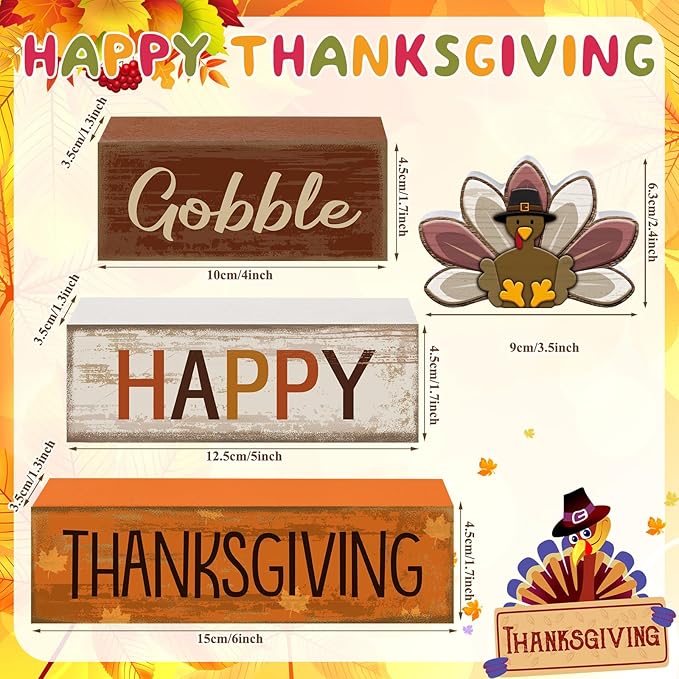 4 Pcs Thanksgiving Decorations for Home Wooden Turkey Thanksgiving Table Centerpiece Fall Tiered Tray Decor Rustic Wooden Turkey Block Sign for Autumn Harvest Party Table Kitchen Shelf