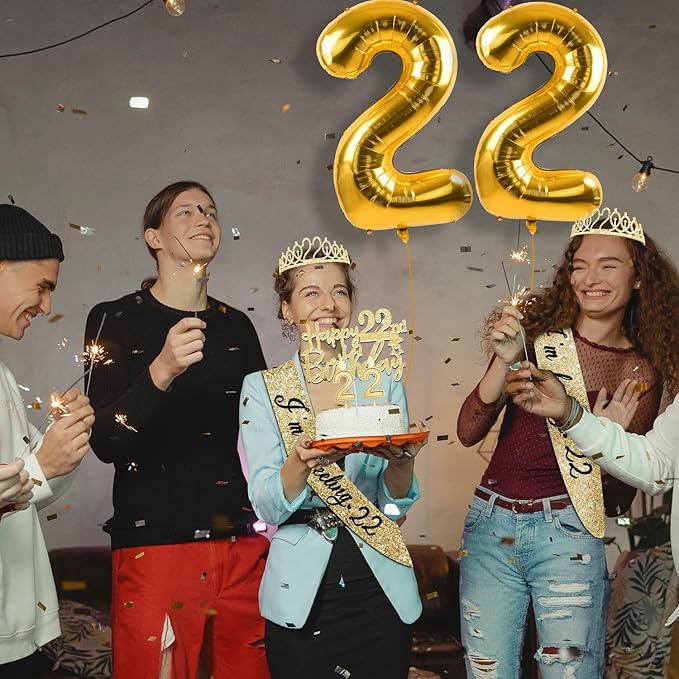 22 Birthday Decorations for Women with 22nd Birthday Sash and Crown, Cake Topper and Candles, Number Balloons, 22 Year Old Gifts for Girls