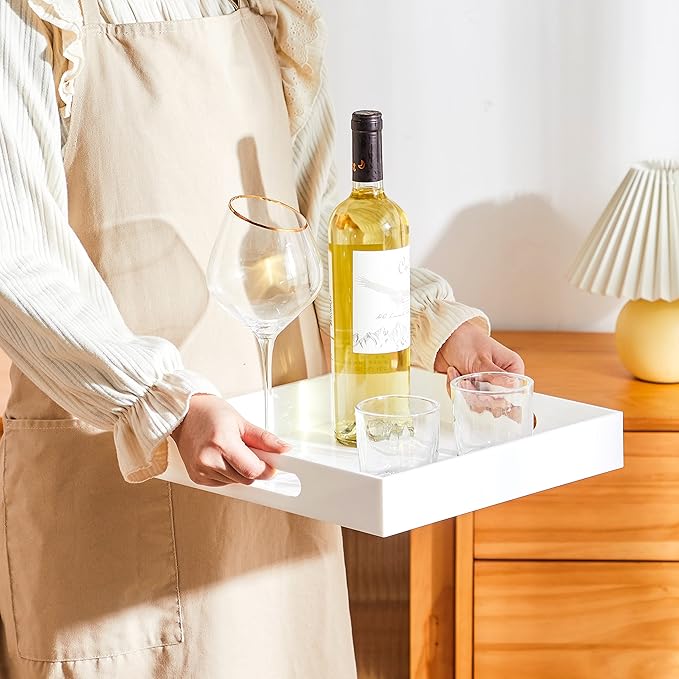 Glossy White Acrylic Serving Tray with Handles, 12x12x2H Inches - Spill Proof, Decorative Trays for Countertop, Ottoman Coffee Table, Nightstand, Breakfast, Tea, Food