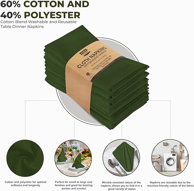 Utopia Kitchen Olive Cloth Napkins [12 Pack, 18x18 Inch] Absorbent Cotton Blend Washable and Reusable for Dinner, Restaurant, Lunch, Wedding and Hotel