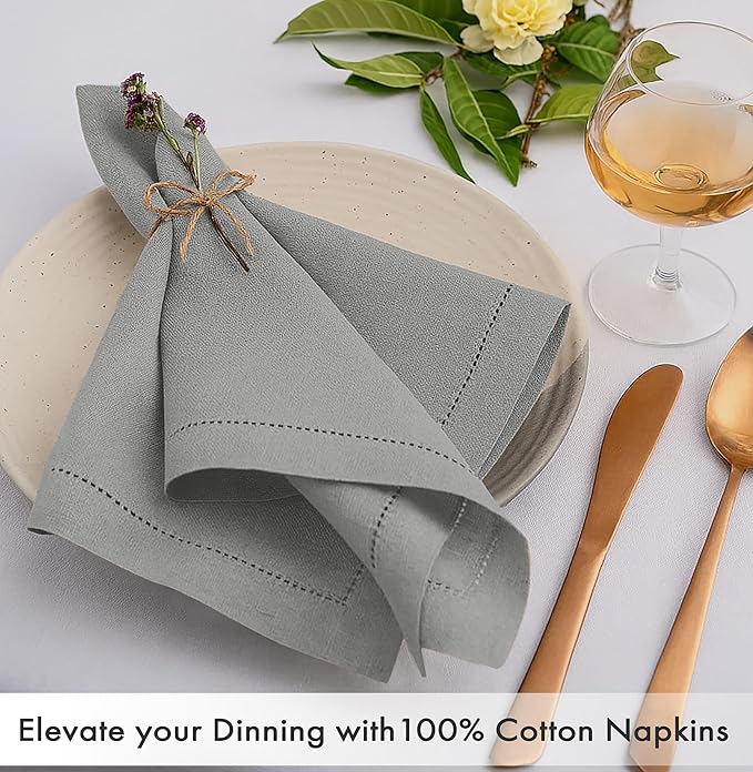 Ruvanti Cloth Napkins - 100% Cotton Dinner Napkins, Hem Stitched Corners, 18x18 Inch, 12 Pack - Soft, Absorbent, Durable, Reusable, Wrinkle Resistant for Formal Dining & Everyday Use - Wild Dove