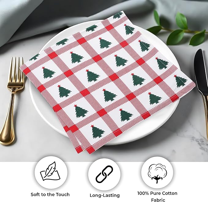 Urban Villa Christmas Cloth Napkins 100% Cotton Absorbent Dinner Napkins Tree Print (Set of 12) 20x20 Inches Soft Durable Washable Ideal for Everyday Use Wedding Parties Cloth Napkins