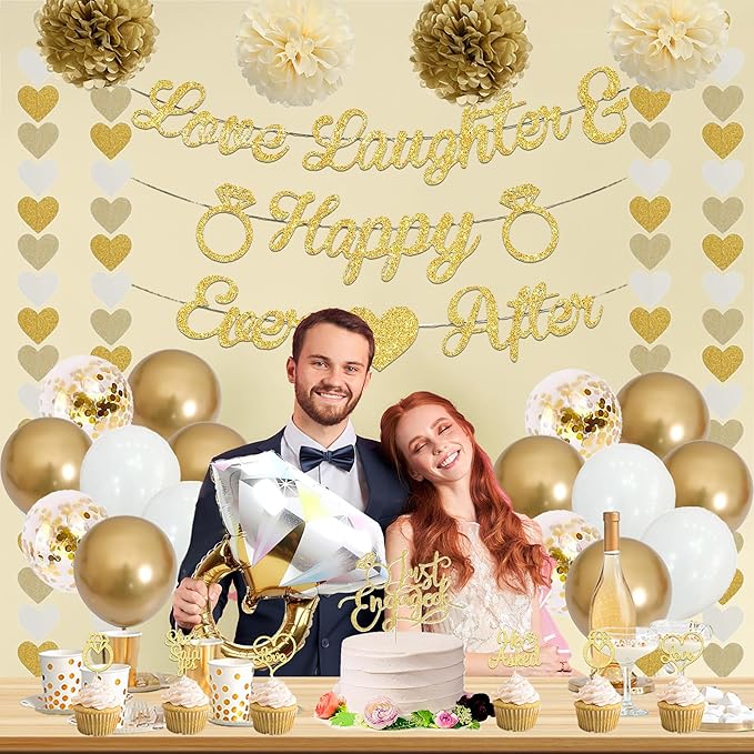 Vlipoeasn Champagne Gold Engagement Party Decorations, Just Engaged Supplies for Couple Includes 12" Gold & White Latex Balloons, Diamond Ring Foil Balloon, Cake Toppers, Paper Pompom