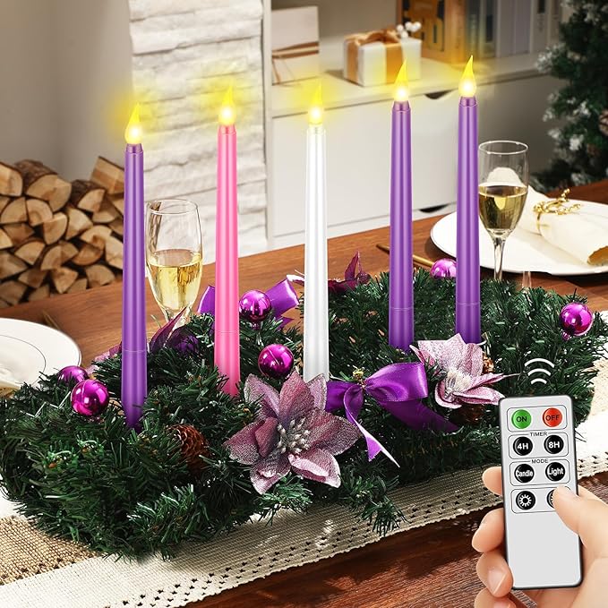 Tioncy 12 Inch Christmas Advent Wreath Candle Holder with 5 Flameless Candles Remote Control Wreaths Holder Centerpiece Decoration with Berries(Purple Poinsettia,11 x 0.8 x 0.8 in)