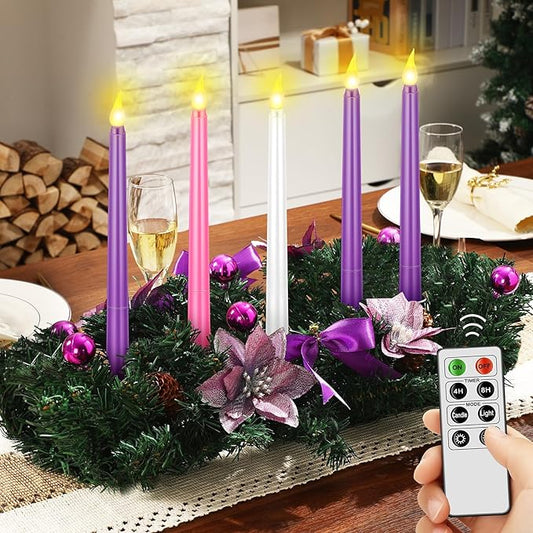 Tioncy 12 Inch Christmas Advent Wreath Candle Holder with 5 Flameless Candles Remote Control Wreaths Holder Centerpiece Decoration with Berries(Purple Poinsettia,11 x 0.8 x 0.8 in)