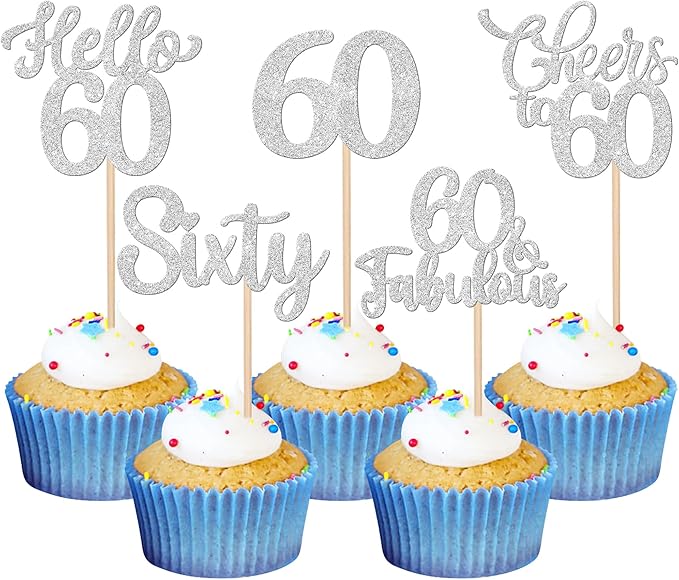 30PCS Happy 60th Birthday Cupcake Toppers Glitter Hello 60 Fabulous Sixty Cheers to 60 Years Old Birthday Cupcake Picks for Happy 60th Birthday Anniversary Party Cake Decorations Supplies Silver