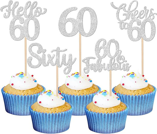 30PCS Happy 60th Birthday Cupcake Toppers Glitter Hello 60 Fabulous Sixty Cheers to 60 Years Old Birthday Cupcake Picks for Happy 60th Birthday Anniversary Party Cake Decorations Supplies Silver
