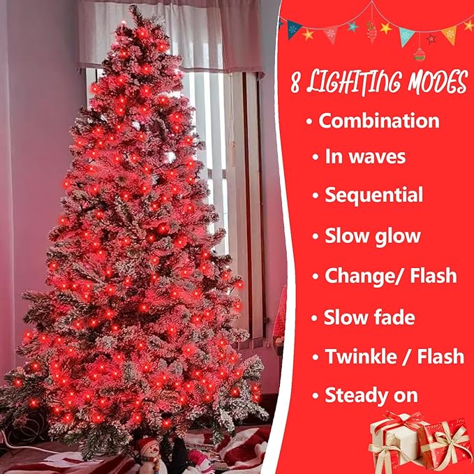 YEGUO 66ft 200 LED Red Halloween Lights Outdoor Waterproof, Green Wire Christmas String Lights Indoor, 8 Modes Twinkle Tree Light Plug in with Timer Memory