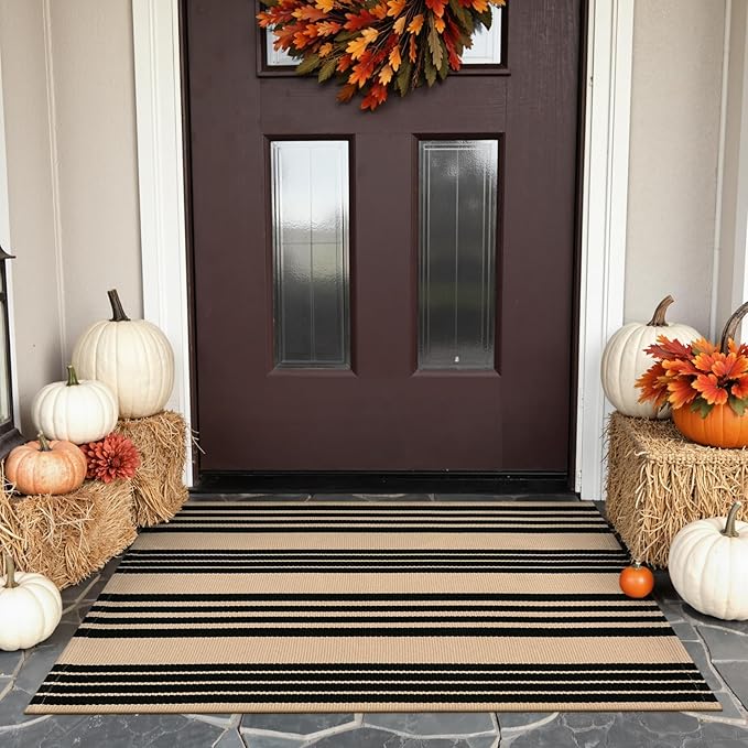 KIMODE Front Door Mats 24"x35", Striped Layered Door Mats Outdoor, Washable Farmhouse Fall Outdoor Porch Decor, Cotton Hand Woven Autumn Rugs for Entryway Kitchen Black and Khaki Thanksgiving