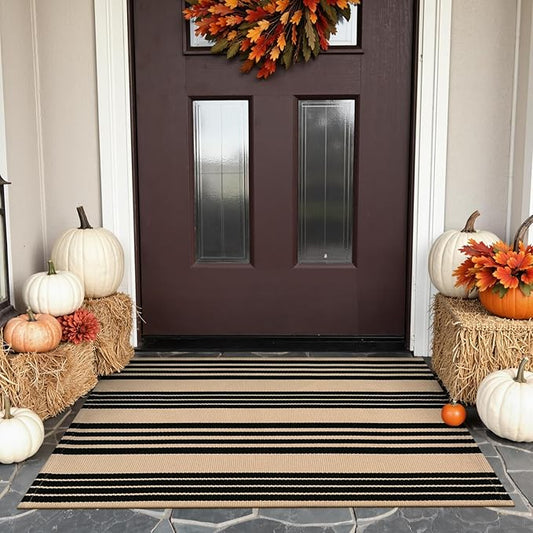 KIMODE Front Door Mats 24"x35", Striped Layered Door Mats Outdoor, Washable Farmhouse Fall Outdoor Porch Decor, Cotton Hand Woven Autumn Rugs for Entryway Kitchen Black and Khaki Thanksgiving