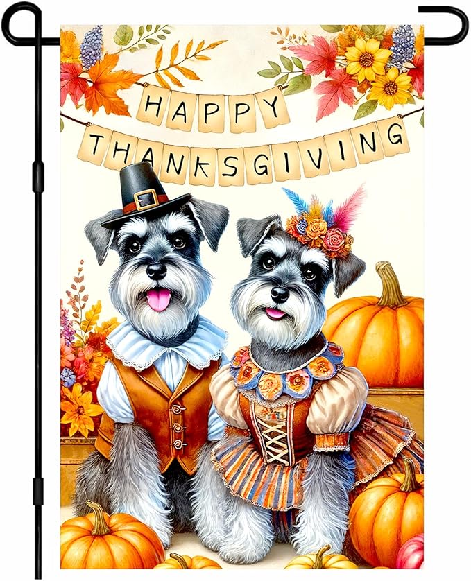Happy Thanksgiving Garden Flag Dressed Up Schnauzers Pilgrims Pumpkins Autumn Decor 12x18 Inch Double Sided Outdoor Banner For Front Yard Porch Lawn Patio Seasonal Home Decoration Festive