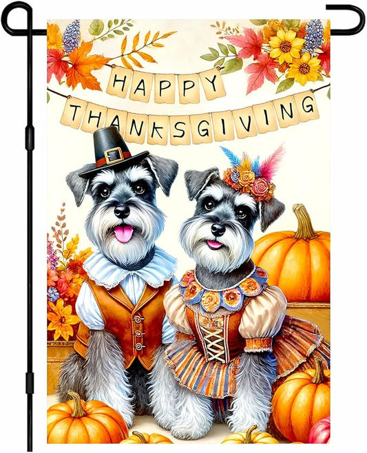 Happy Thanksgiving Garden Flag Dressed Up Schnauzers Pilgrims Pumpkins Autumn Decor 12x18 Inch Double Sided Outdoor Banner For Front Yard Porch Lawn Patio Seasonal Home Decoration Festive