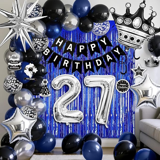 27th Birthday Decorations for Men and Women, Black Blue Silver Happy Birthday Number 27 Balloons, Banner, Fringe Curtains Garland Kit - 27 Year Old Party Supplies
