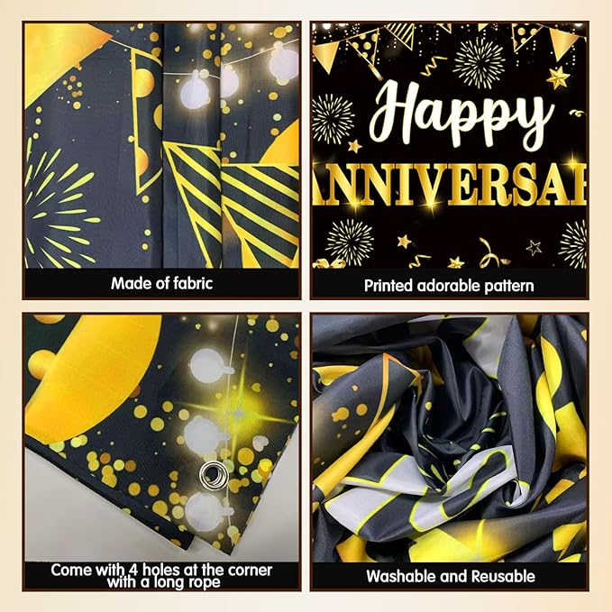 Happy Anniversary Decorations, Black and Gold Wedding Happy Anniversary Party Supplies - Happy Anniversary Banner,Backdrop 5.9 x 3.6Ft with 5pcs Honeycomb Centerpiece Decor