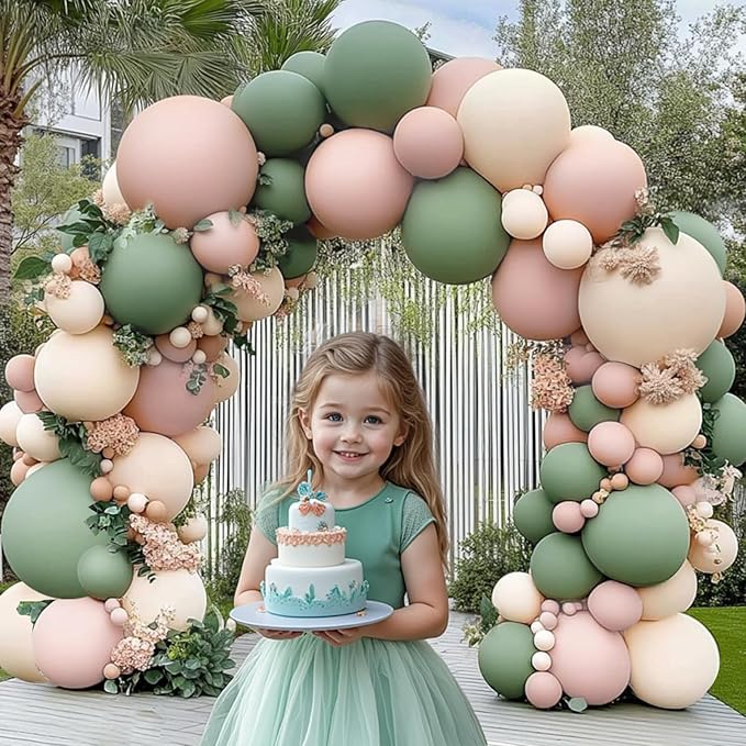 Sage Green Pink Balloon Arch Kit, Double Stuffed Dark Dusty Green Light Pink Sand White Beige Balloons Garland Kit for Birthday Wedding Jungle Safari Spring Fall Boho Party Decoration