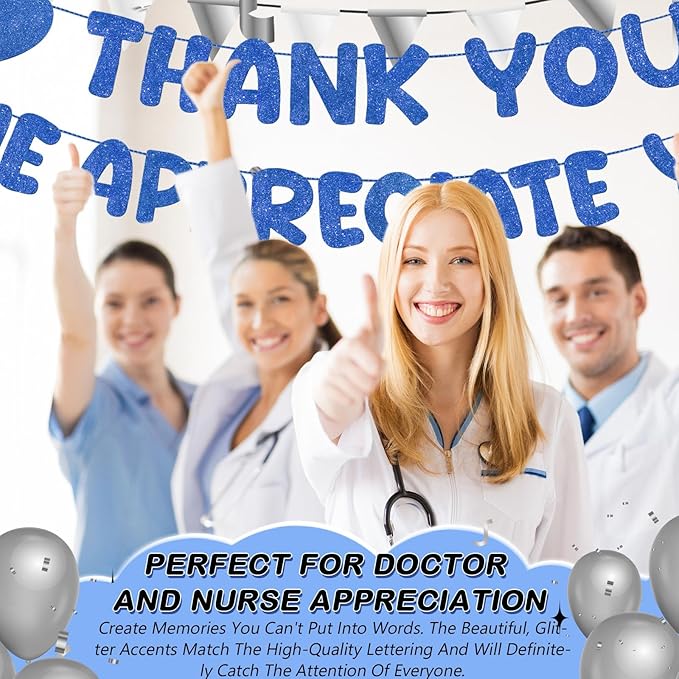 Fulmoon Pre Strung Thank You We Appreciate You Glitter Banner Funny Appreciation Banner for Employee Coworker Staff Teacher Thank Sign Party Decorations(Navy Blue)