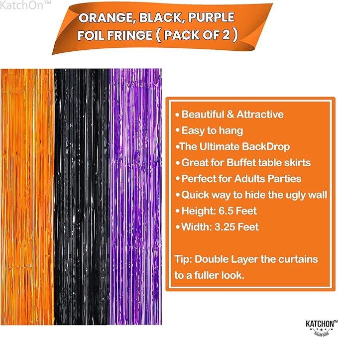 KatchOn, Orange Black and Purple Foil Fringe Curtain - XtraLarge 3.2x6.5 Feet, Pack of 2 | Streamers for Birthday, Bachelorette, Engagement | Fringe Backdrop for Halloween Party Decorations