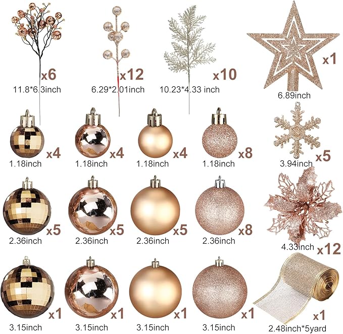 Sratte 94 Pcs Christmas Tree Decorations Set, Christmas Tree Ball Ornaments Glitter Poinsettia Flowers Decorations Glitter Berries Stems for Xmas Holiday Wedding(Champagne Gold)
